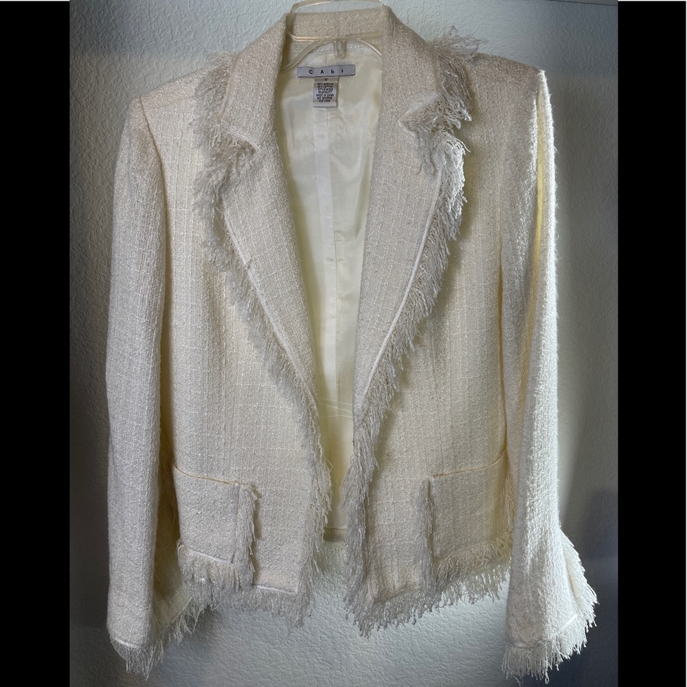 Cabi size 10 cream cropped jacket with fringe